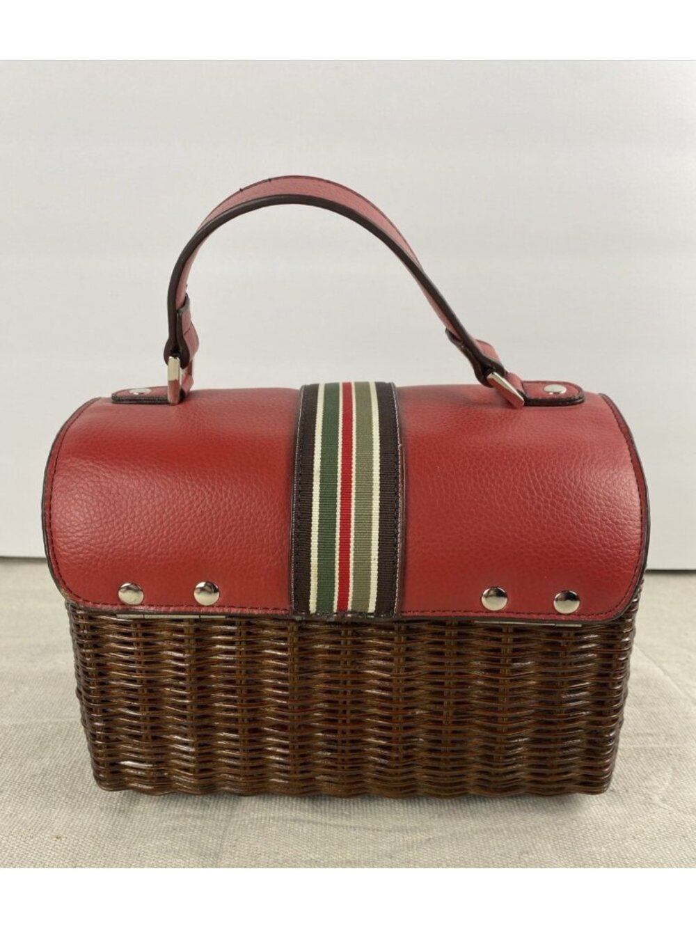 VTG Leather & Wicker Rattan Picnic Basket Purse Woven Handbag Red Check Fabric - Picture 2 of 16